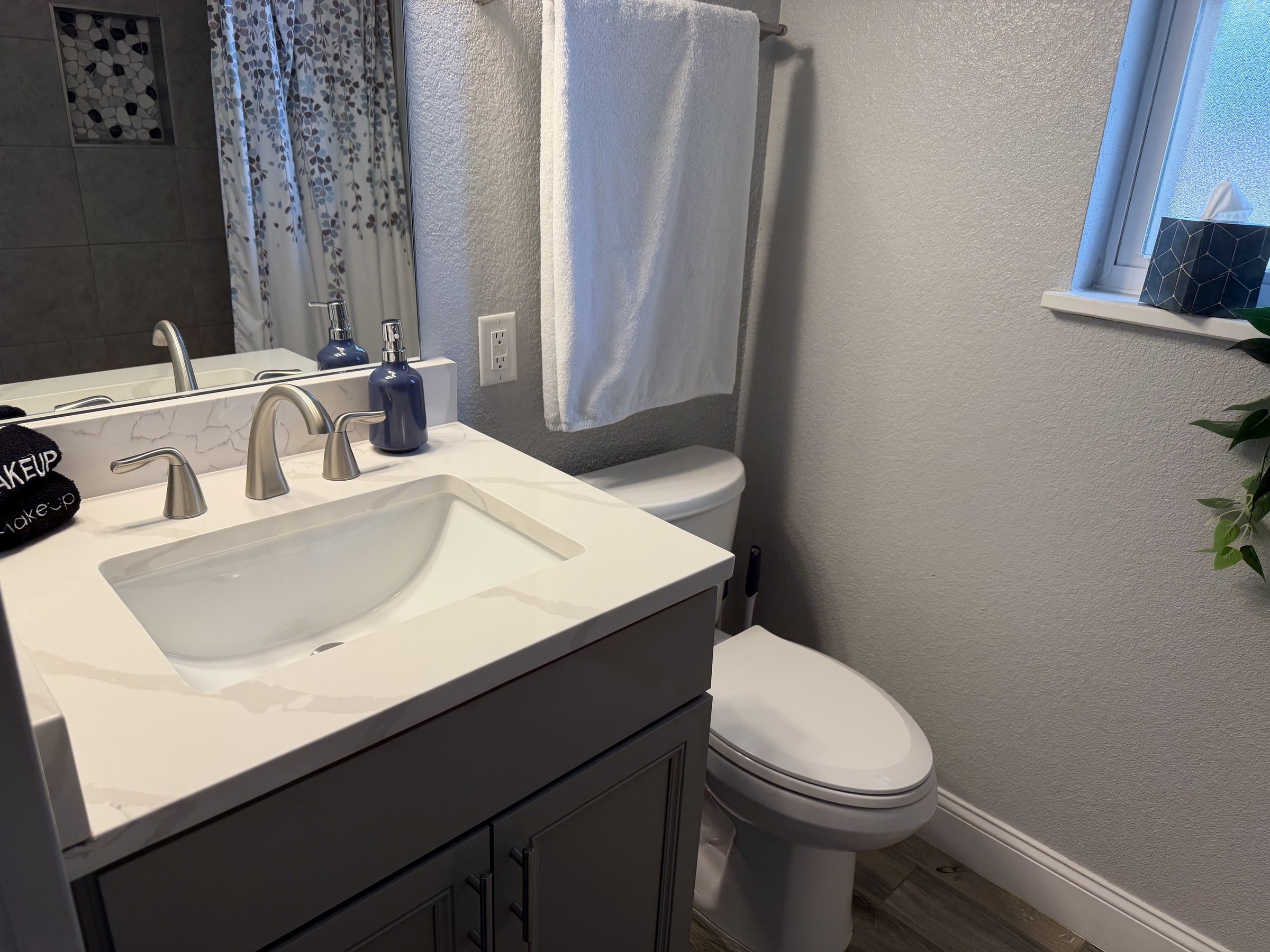 Clean bathroom vanity, toilet, and shower curtain